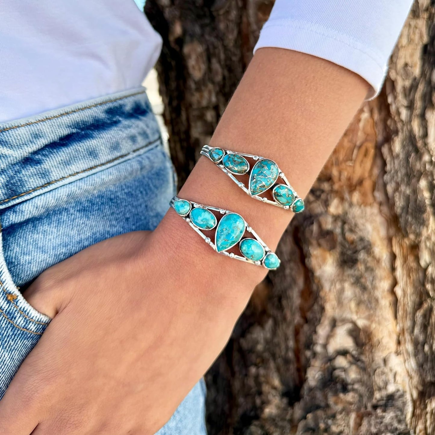Turquoise Bracelet Sterling Silver 925 Genuine Gemstones Cuff Bracelet