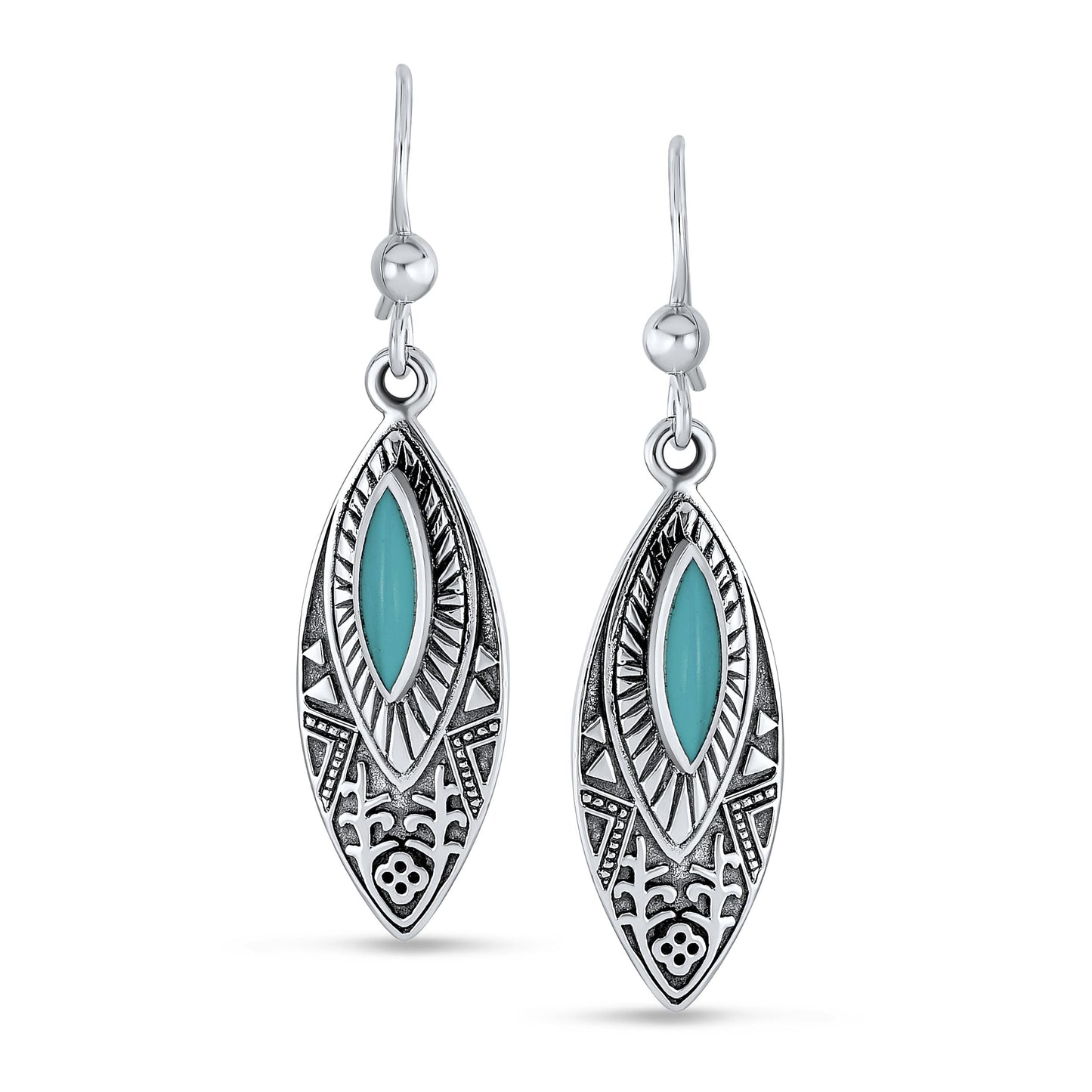 Boho Native American Style Marquise Shaped Gemstone Stabilized Blue Turquoise Coral Leaf Feather Dangling Earrings Western Jewelry For Women Teens Lever Back Oxidized .925 Sterling Silver