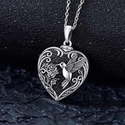 TOUPOP Hummingbird Urn Necklace for Ashes 925 Sterling Silver Heart Cremation Jewelry Keepsake Pendant with Funnel Filler Memorial Christmas Gifts for Women Mom Wife