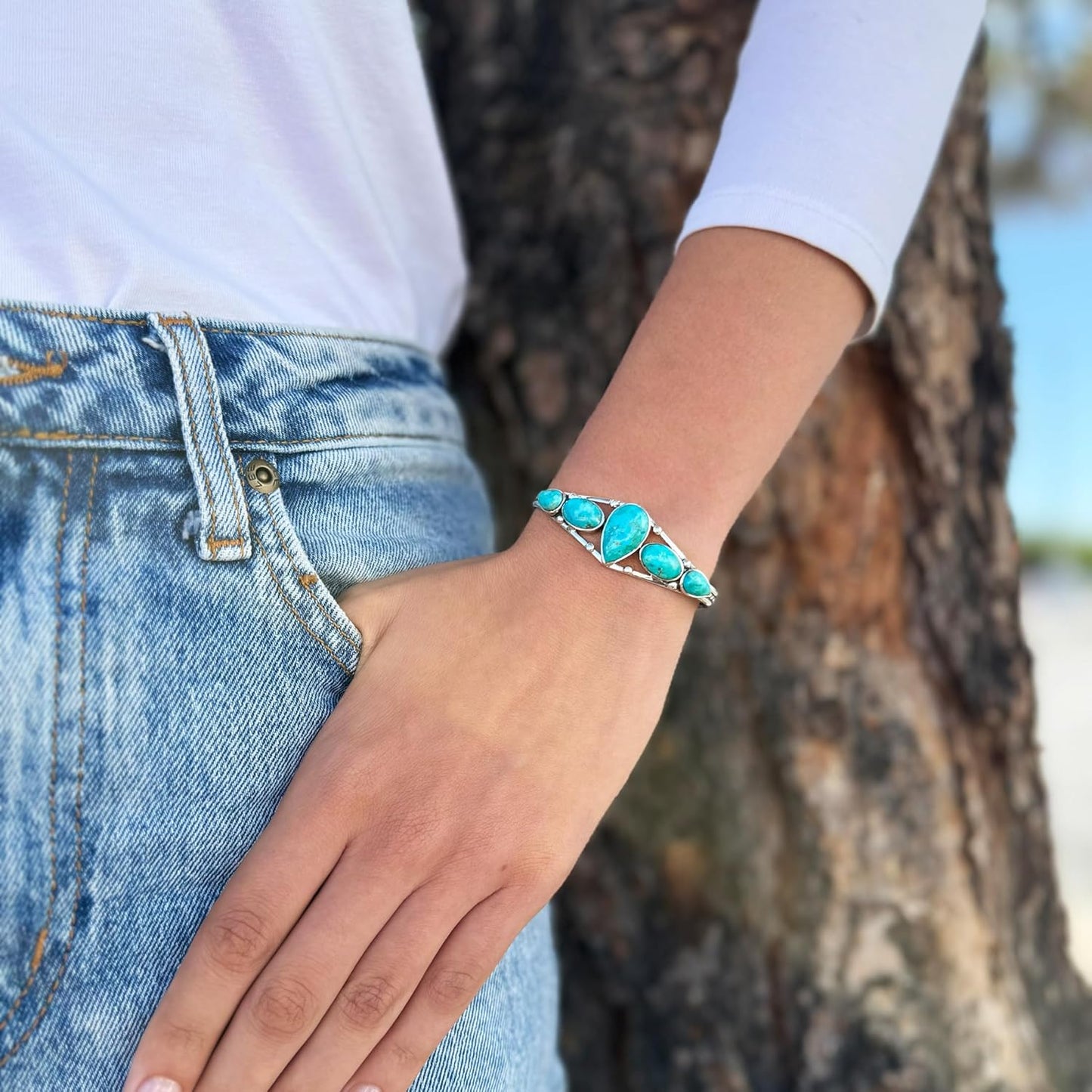 Turquoise Bracelet Sterling Silver 925 Genuine Gemstones Cuff Bracelet