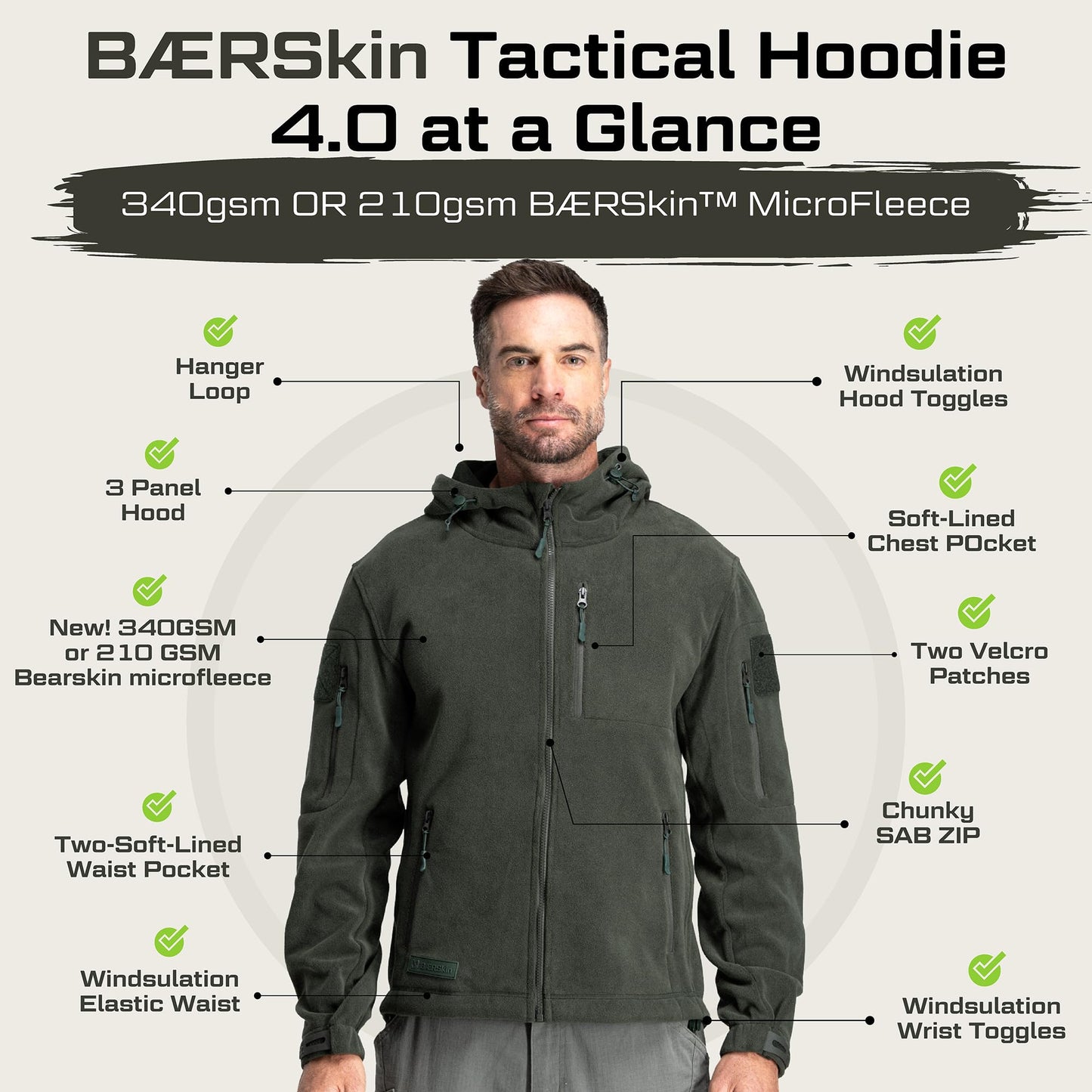 Baerskin Tactical Hoodie Jacket for Men 4.0 - Military Style Fleece Sweater for Cold, Rain, Wind or Snow