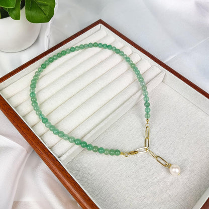 Green Aventurine Jade Necklace, Green Choker Necklace Healing Crystal Necklace with Pearl for Women, Handmade Necklaces Spiritual Jewelry for Women.