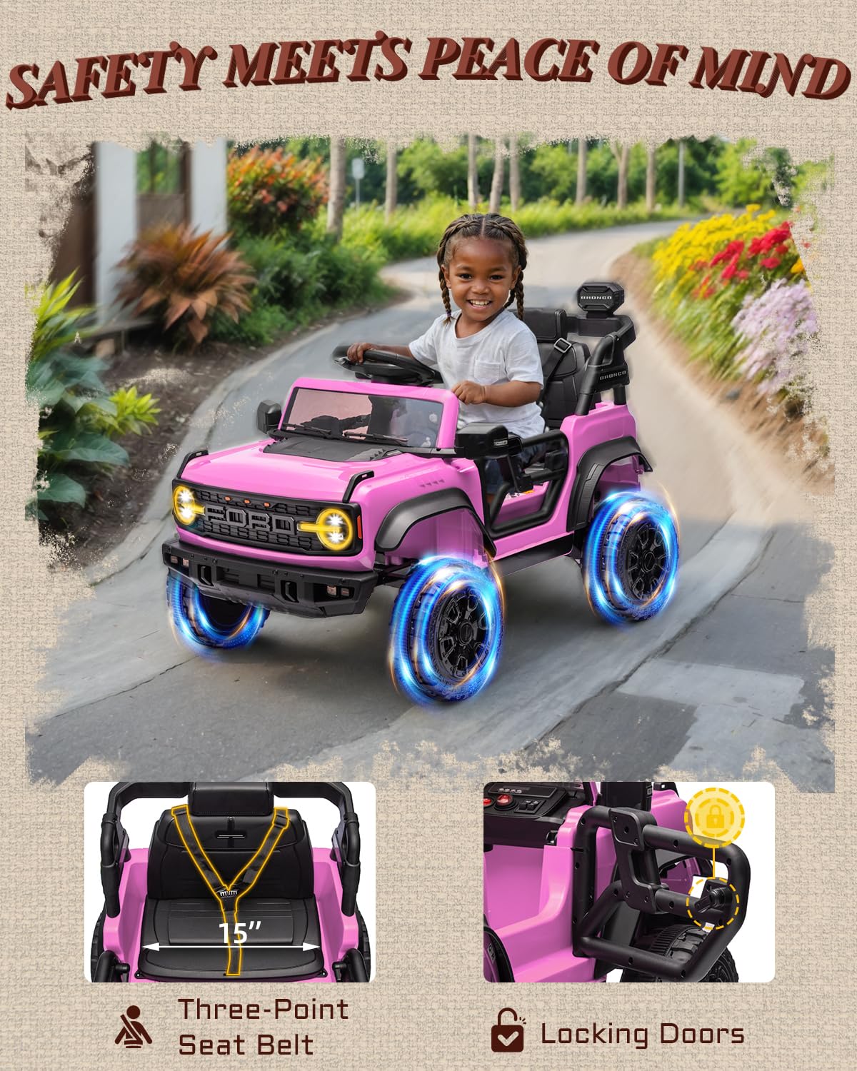 First Ride On 24V Ride on Toys for Big Kids, Licensed Ford Bronco Raptor 2 Seater Ride on Cars with Remote Control, Ride on Truck w/ 4-Wheeler Suspension, 3 Speeds, Led Lights, Bluetooth (24V, Pink) | First Ride On, 24V, for Big Kids, 2 Seater, with Remot
