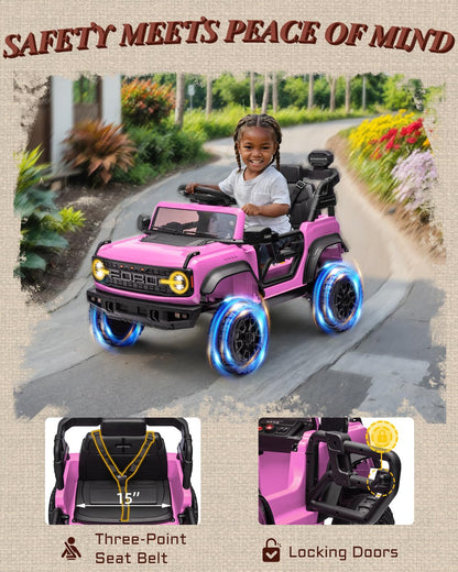 First Ride On 24V Ride on Toys for Big Kids, Licensed Ford Bronco Raptor 2 Seater Ride on Cars with Remote Control, Ride on Truck w/ 4-Wheeler Suspension, 3 Speeds, Led Lights, Bluetooth (24V, Pink) | First Ride On, 24V, for Big Kids, 2 Seater, with Remot