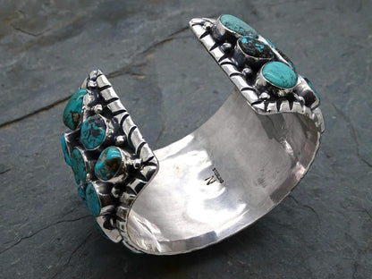 Wide Native American Navajo cuff bracelet Kingman turquoise cuff for men sterling silver