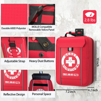 Besst Survivor Premium First Aid Kit - Waterproof Molle Medical Bag with Color-Coded Compartments, with Israeli Bandage, Rescue Blanket & CPR Mask for Home, Car, Hiking, Camping & Outdoor Emergencies