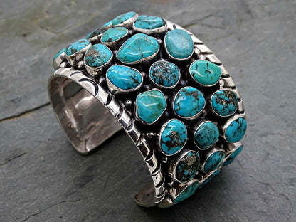 Wide Native American Navajo cuff bracelet Kingman turquoise cuff for men sterling silver