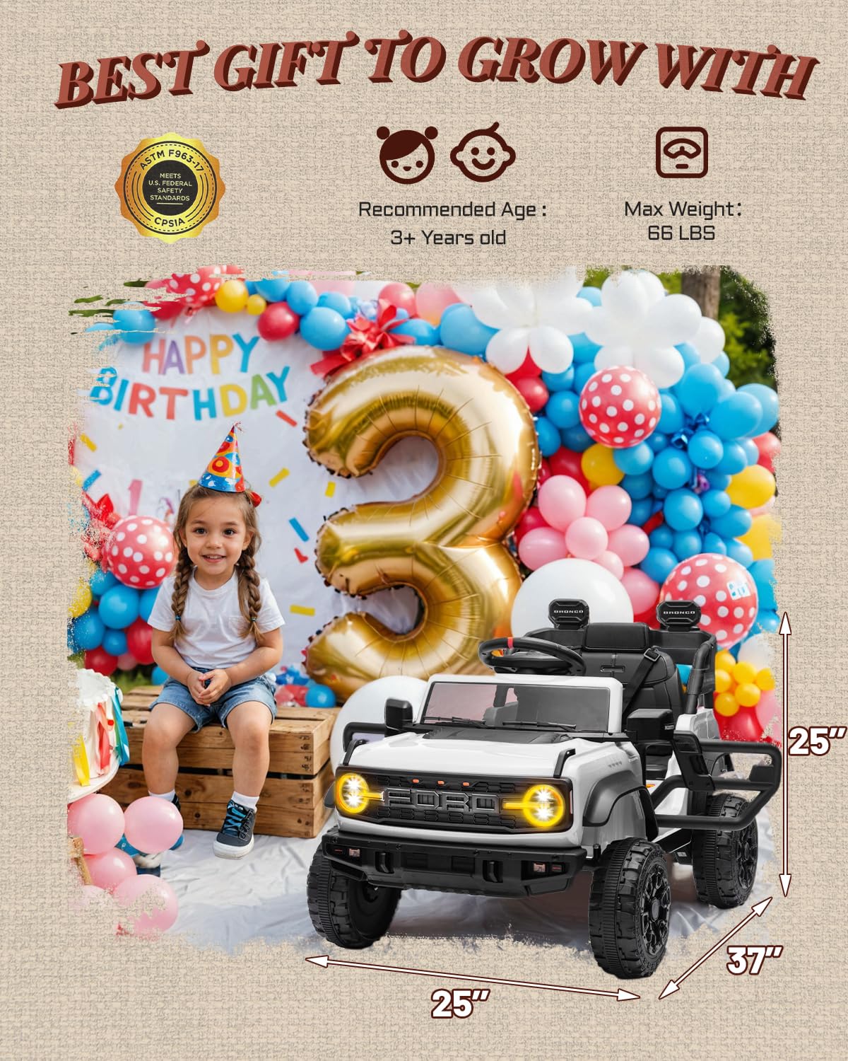 First Ride On 24V Ride on Toys for Big Kids, Licensed Ford Bronco Raptor 2 Seater Ride on Cars with Remote Control, Ride on Truck w/ 4-Wheeler Suspension, 3 Speeds, Led Lights, Bluetooth (24V, Pink) | First Ride On, 24V, for Big Kids, 2 Seater, with Remot