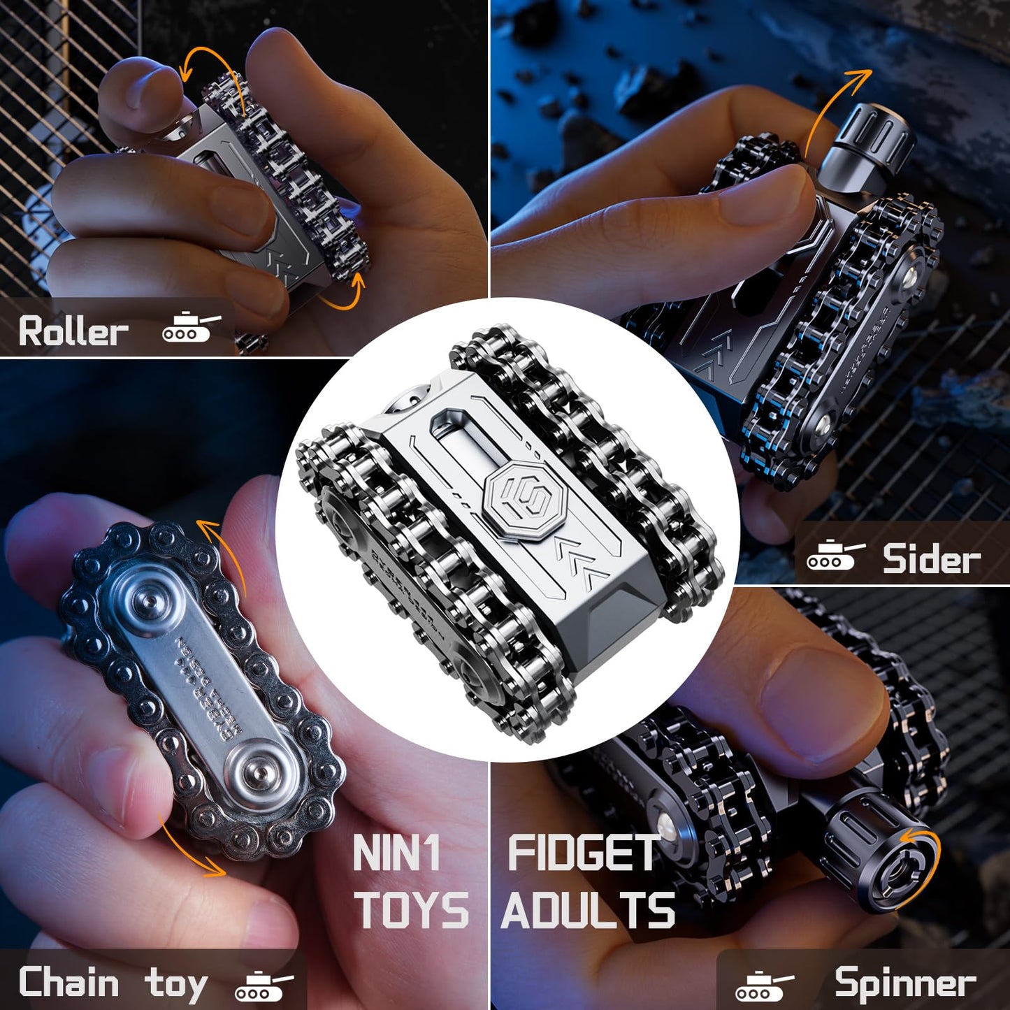 4 in 1 Fidget Slider Roller Chain Spinner Combo, Metal Chain Fidget Toy with Tactile Feedback & Clicking Sounds, Stress Relief Sensory Toy for Adults, Focus Tool for Work Study Waiting