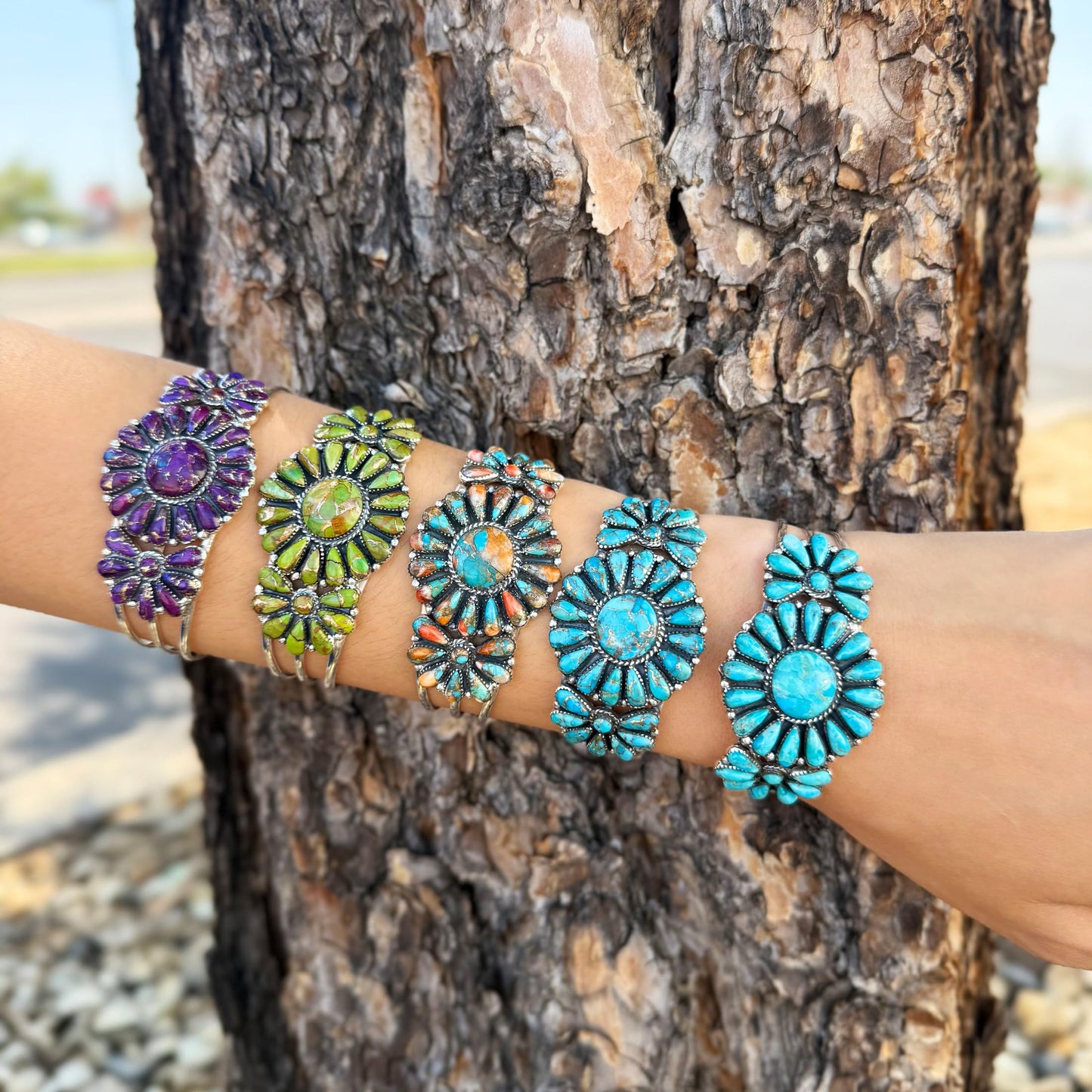 Turquoise Network Southwest Style Genuine Gemstones 925 Sterling Silver Cluster Bracelet