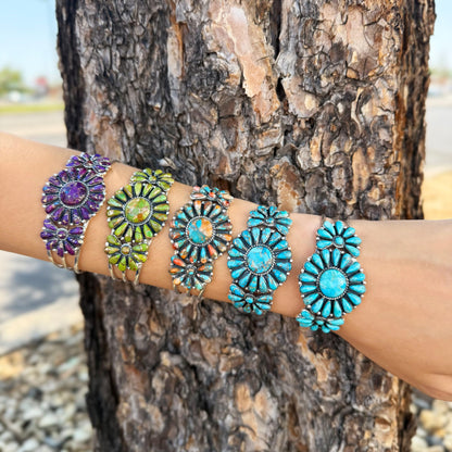 Turquoise Network Southwest Style Genuine Gemstones 925 Sterling Silver Cluster Bracelet