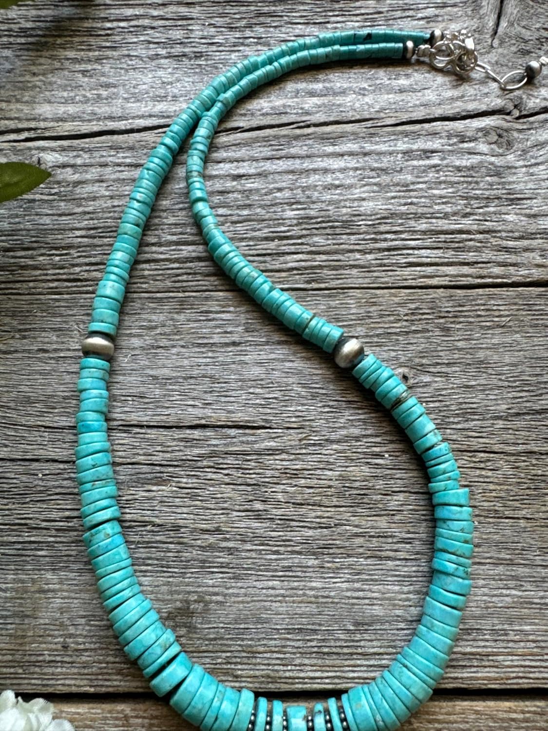 Sterling Silver Graduated Heishi Turquoise Bead Necklace. 18 inch, Blue