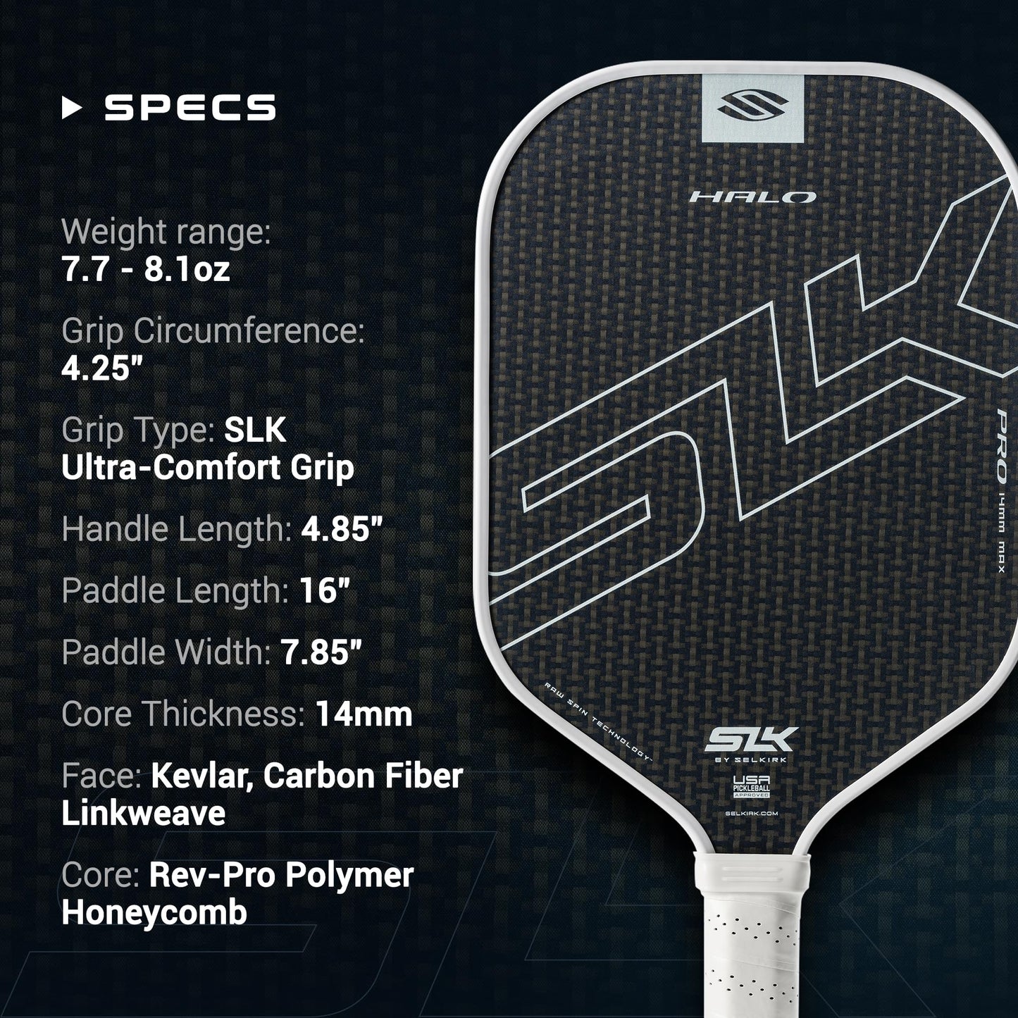 Selkirk Sport SLK Halo Raw Carbon Fiber Pickleball Paddle | Designed in The USA | Choose The T700 Raw Carbon Fiber Power, 18k Ultraweave Control, or Aramid Fiber Linkweave Thermoformed Pro