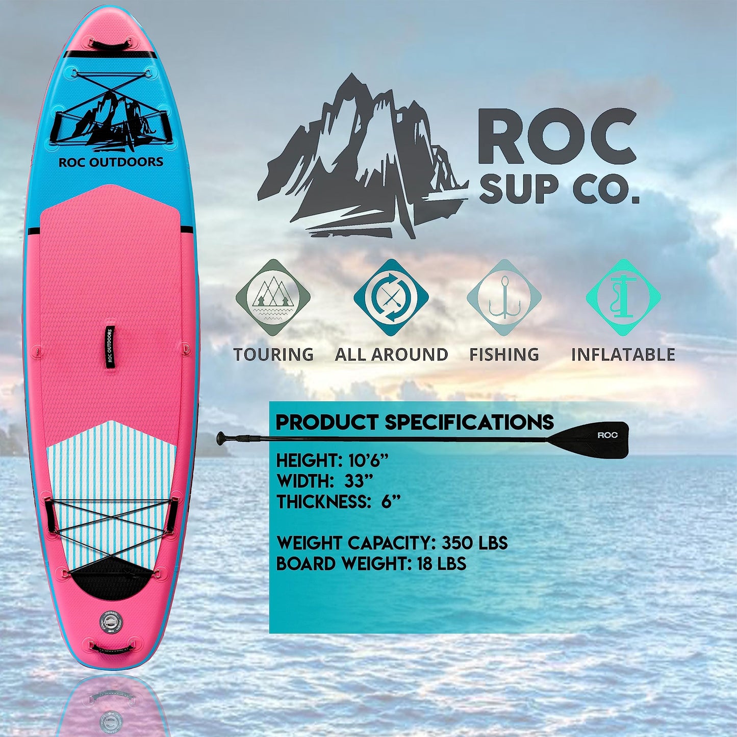 Roc Inflatable Stand Up Paddle Board 10' 6" with Premium SUP Paddle Board Accessories, Wide Stable Design, Non-Slip Comfort Deck for Youth & Adults