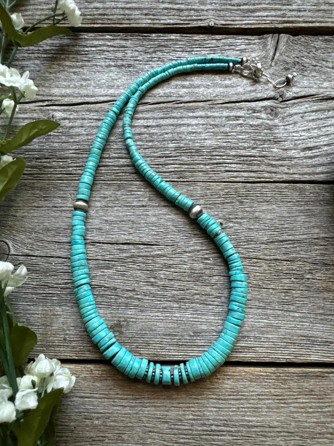 Sterling Silver Graduated Heishi Turquoise Bead Necklace. 18 inch, Blue