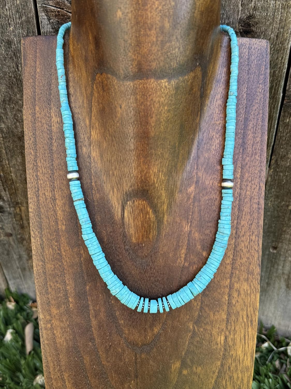 Sterling Silver Graduated Heishi Turquoise Bead Necklace. 18 inch, Blue