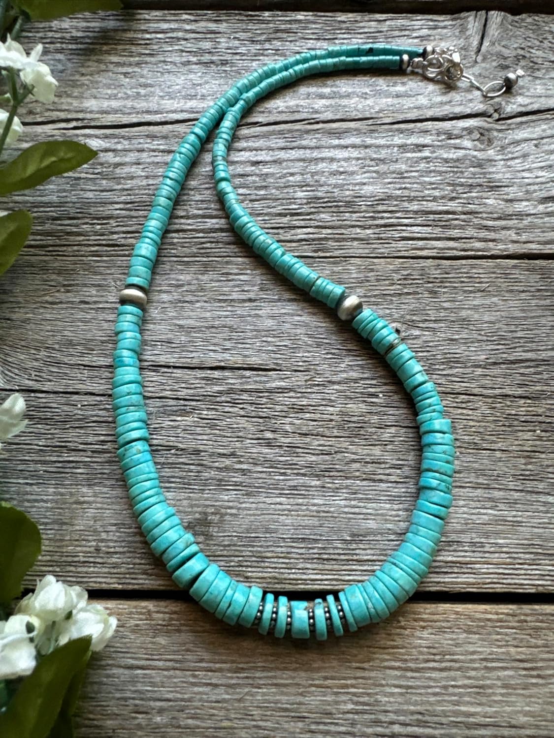 Sterling Silver Graduated Heishi Turquoise Bead Necklace. 18 inch, Blue