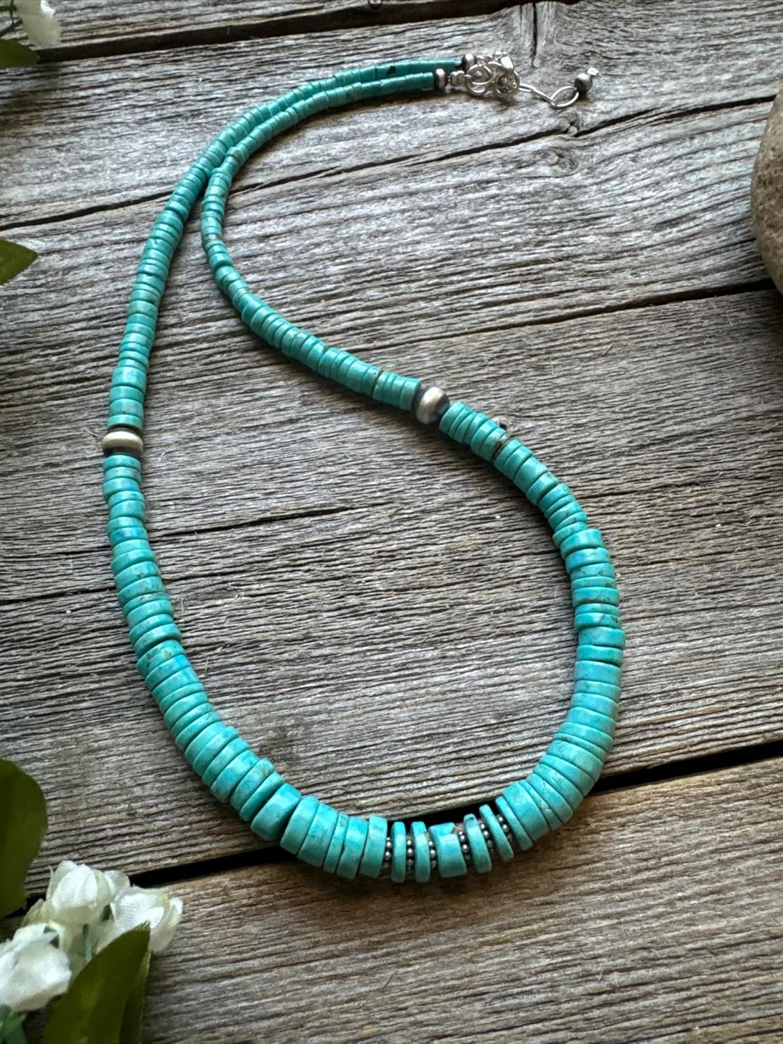 Sterling Silver Graduated Heishi Turquoise Bead Necklace. 18 inch, Blue