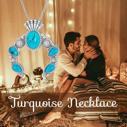 Real Turquoise Squash Blossom Necklace 925 Sterling Silver Ethnic Tribal Turquoise Gemstone Pendant Western Bohemian Jewelry Gifts for Women
