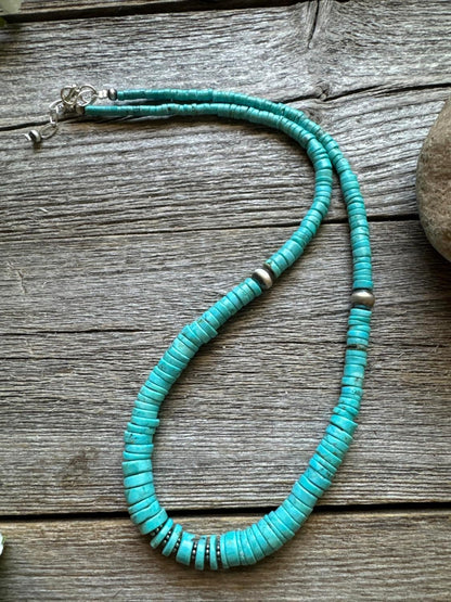 Sterling Silver Graduated Heishi Turquoise Bead Necklace. 18 inch, Blue