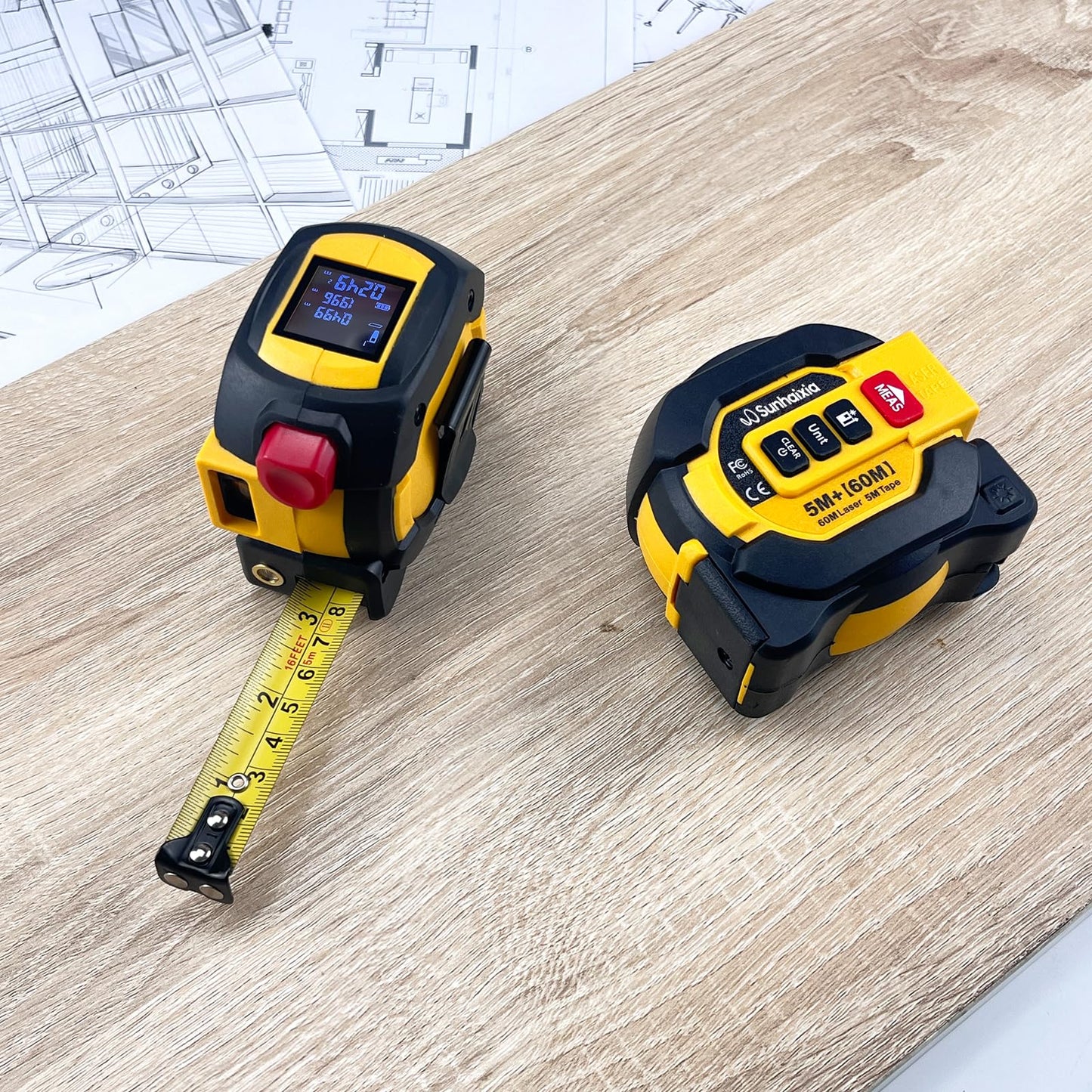 3 in 1 Digital Laser Tape Measure, 197ft/60m Laser Distance Meter, 16ft/5m Digital Tape Measure with Cross Line, AutoLock, ft/in/m Unit Switch, Measure Area, Volume, Pythagorean (Purple)