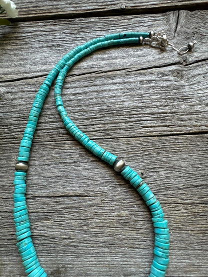 Sterling Silver Graduated Heishi Turquoise Bead Necklace. 18 inch, Blue
