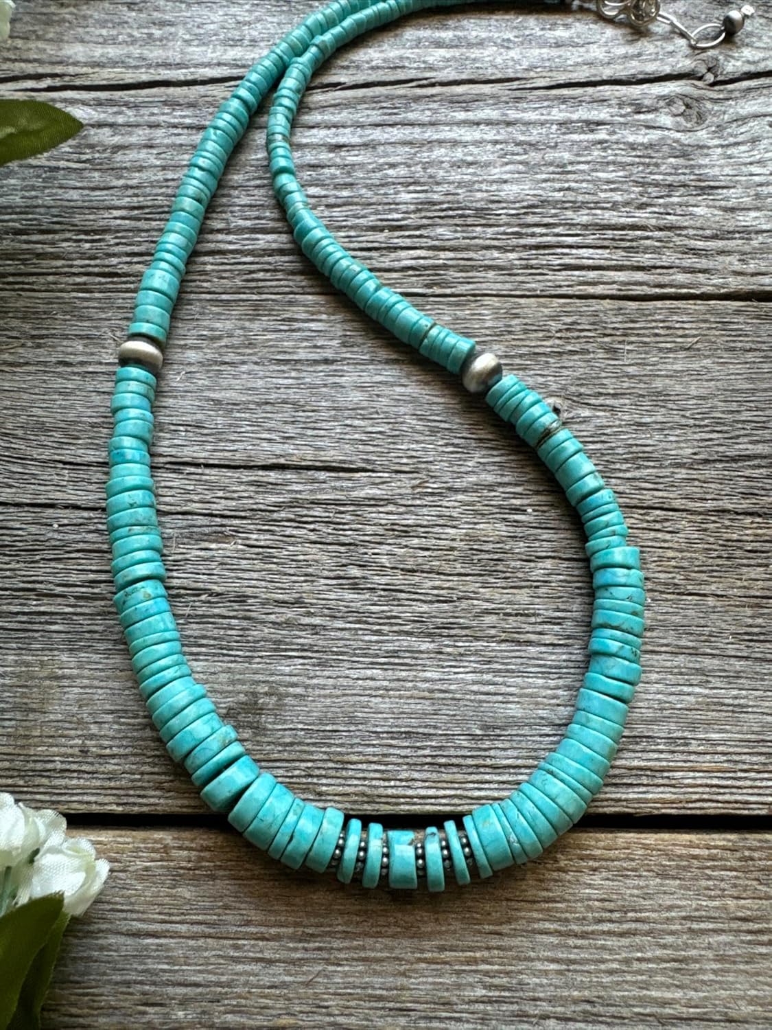 Sterling Silver Graduated Heishi Turquoise Bead Necklace. 18 inch, Blue