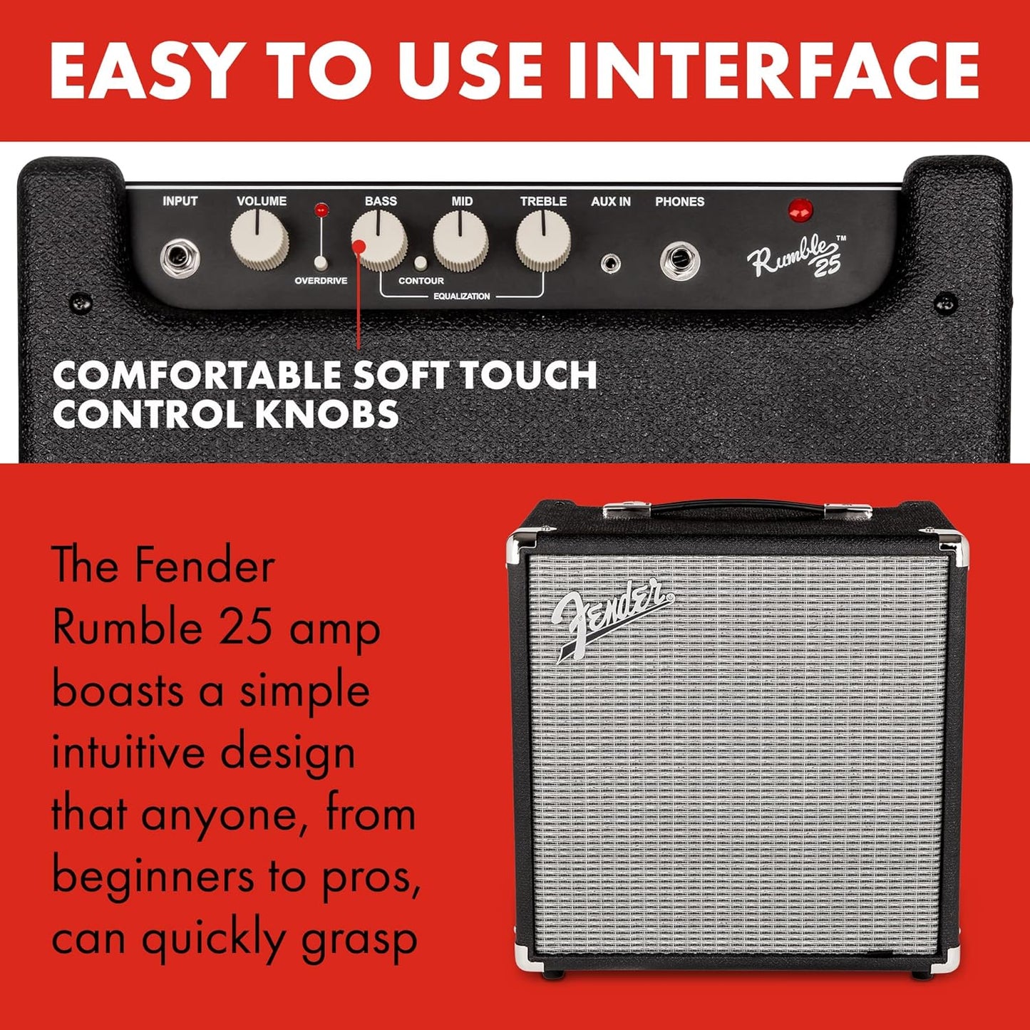 Fender Rumble 25 V3 Bass Amplifier, Bass Combo Amp, 25 Watts, with 2-Year Warranty, 8 Inch Speaker, with Overdrive Circuit and Mid-Scoop Contour Switch