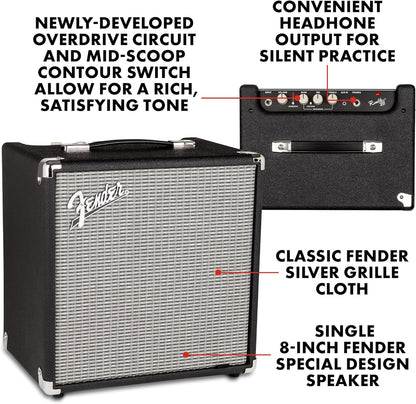 Fender Rumble 25 V3 Bass Amplifier, Bass Combo Amp, 25 Watts, with 2-Year Warranty, 8 Inch Speaker, with Overdrive Circuit and Mid-Scoop Contour Switch