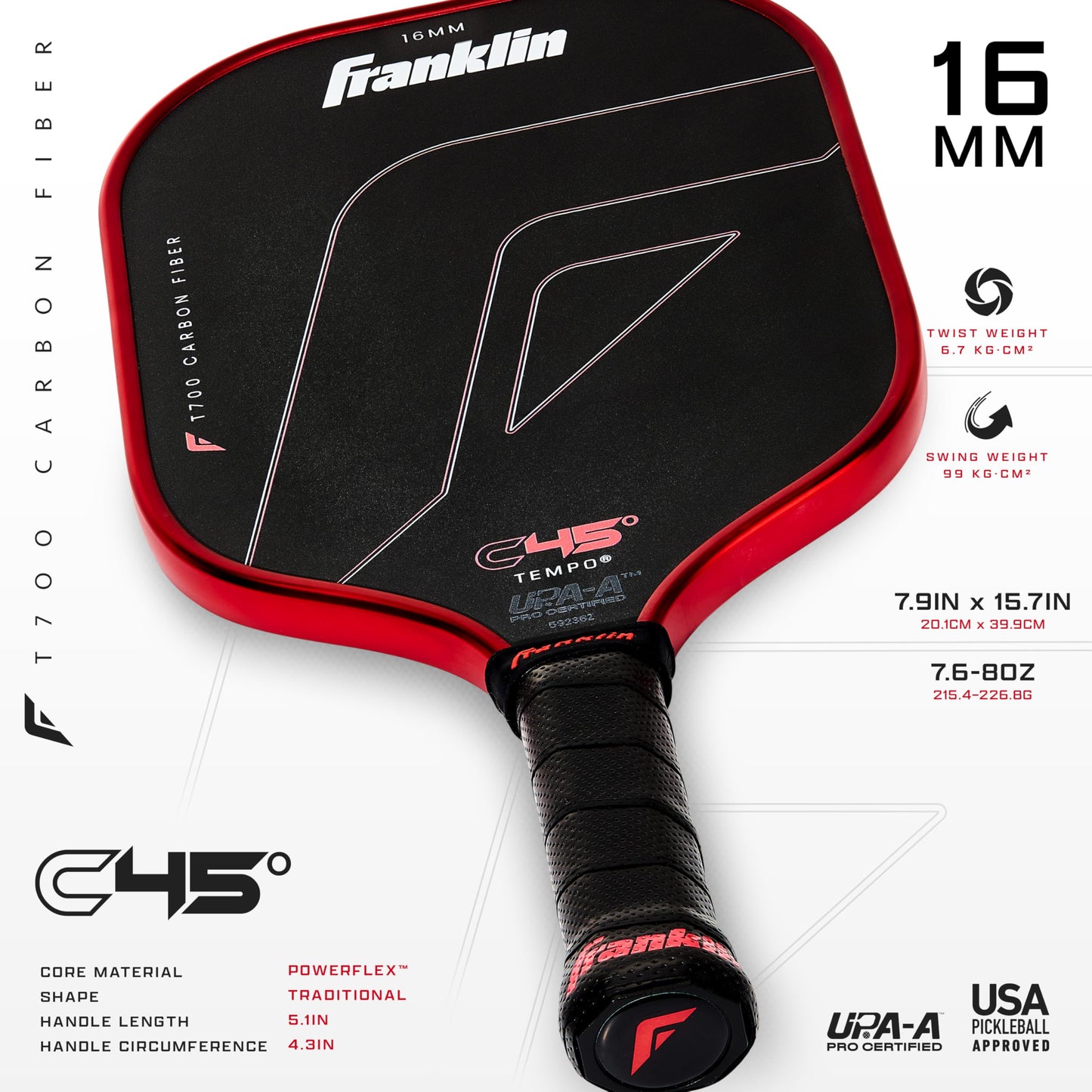 Franklin Sports PRO Pickleball Paddles – C45 Carbon Fiber Series - Official USAP + UPA Approved – Pro Player Design