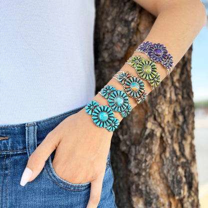 Turquoise Network Southwest Style Genuine Gemstones 925 Sterling Silver Cluster Bracelet