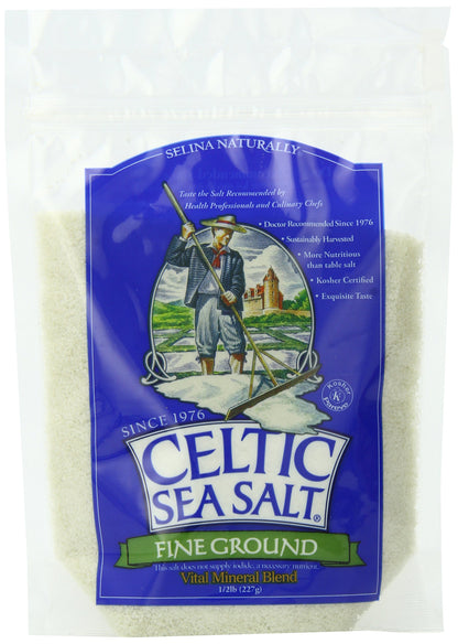Celtic Sea Salt Fine Ground – Natural Mineral Salt, Sustainably Harvested, GMP Certified, Lab Tested – Baking, Cooking, Seasoning, Everyday Use – ½ Pound Resealable Bag